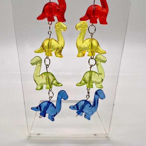 Dinosaur Chain Earrings - Toy Earrings - Rainbow Earrings - Long Earrings - Picture 4 of 11